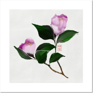 Deep pink watercolor and sumiE camellia flowers Posters and Art